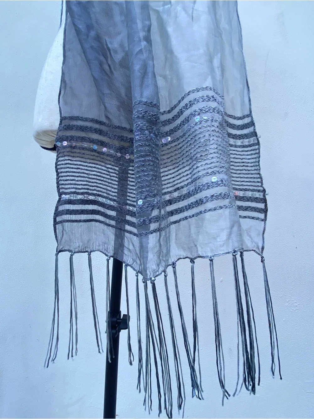 Whimsygoth Ombré Steel Grey Sequin Fringe Scarf
